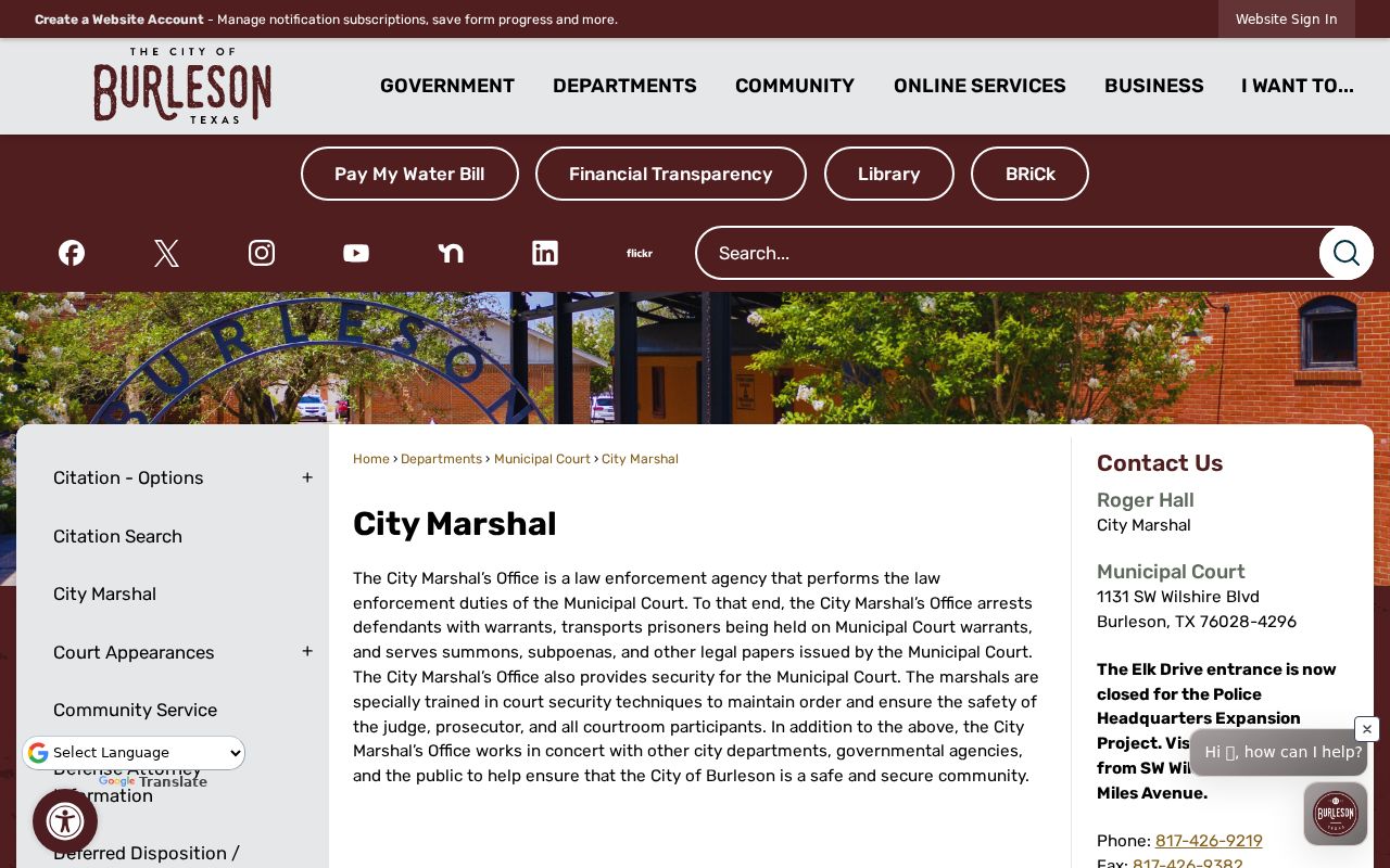Johnson County bench warrant reference, Burleson City Marshal warrant and court-security duties