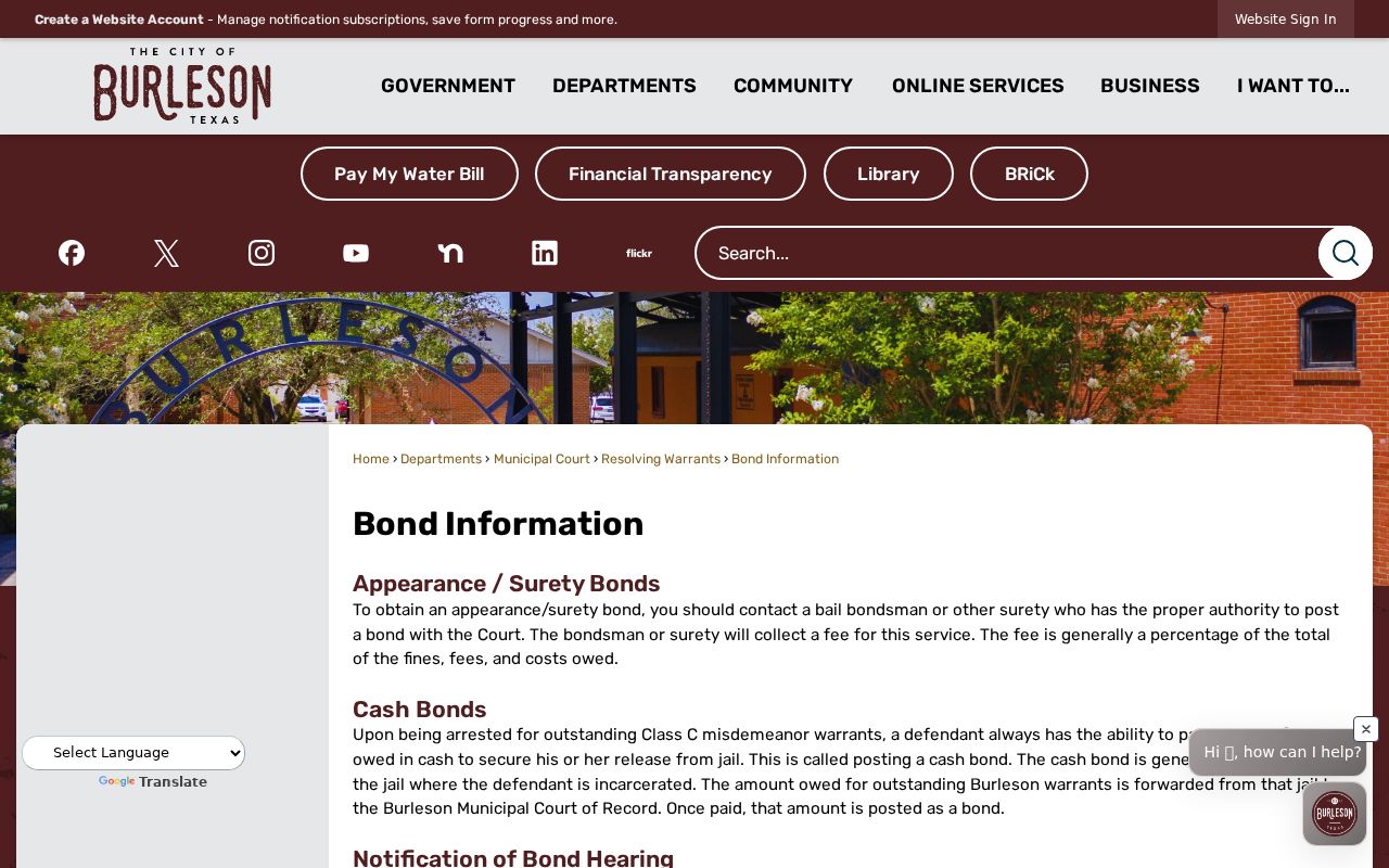 Johnson County bench warrant reference, Burleson surety cash and appearance bond options