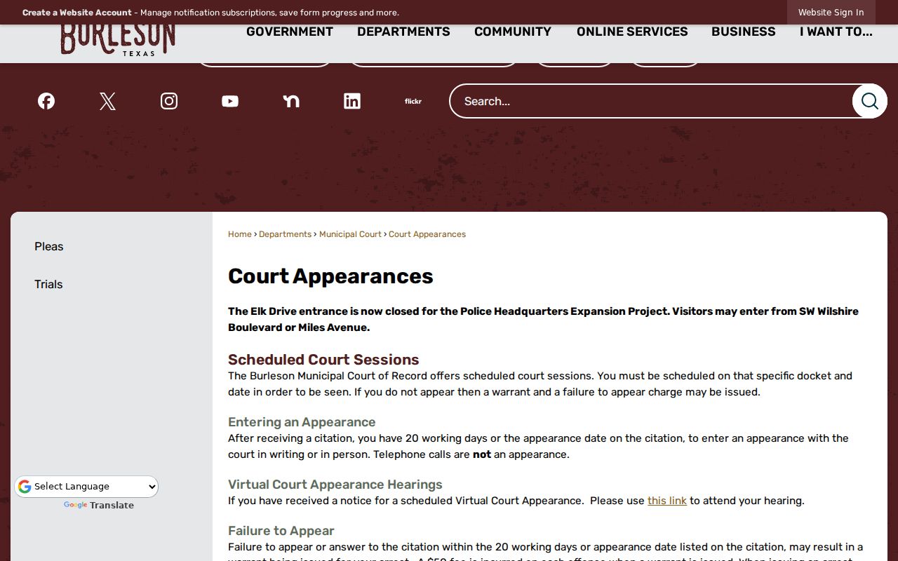 Johnson County arrest warrant reference, Burleson court-of-record appearance rules