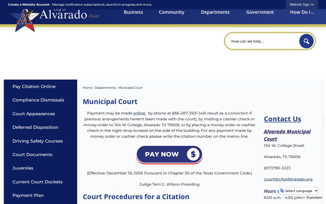 Johnson County municipal warrant reference, Alvarado appearance deadline and payment instructions