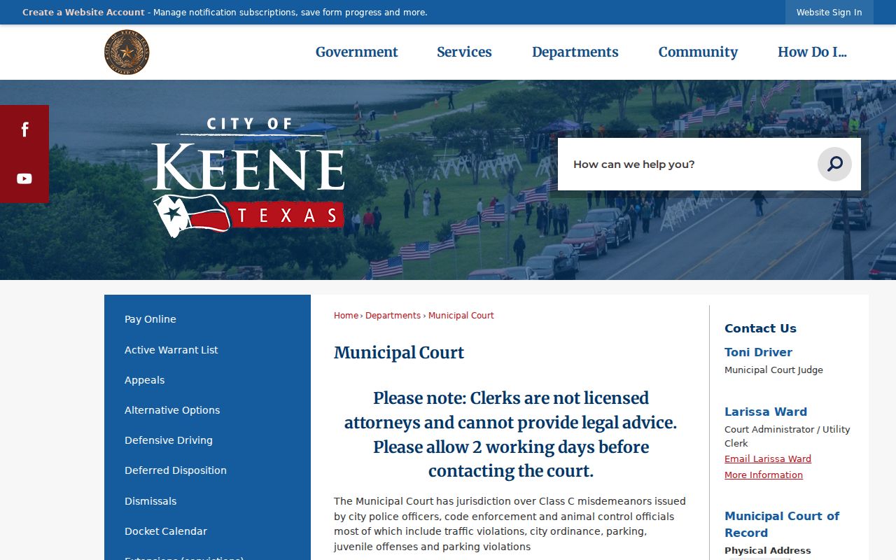 Johnson County municipal warrant reference, Keene Municipal Court location and contact details
