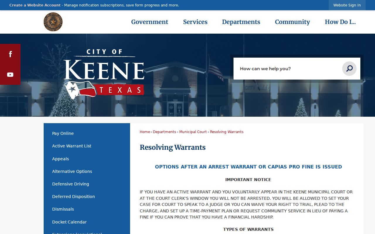 Johnson County municipal warrant reference, Keene voluntary appearance and hardship options